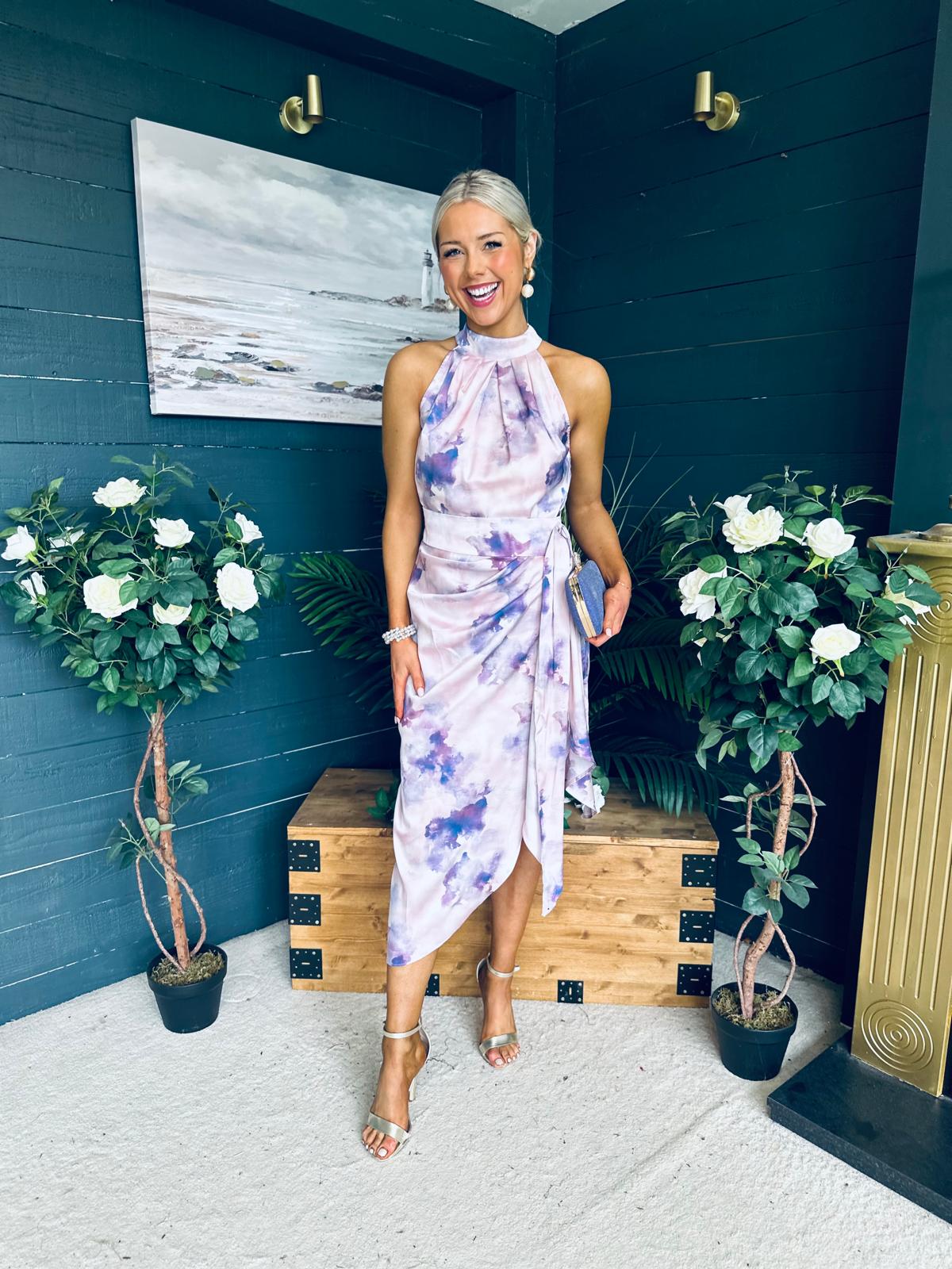 Priya Tie Waist Halter Neck Midi Dress Marble Purple