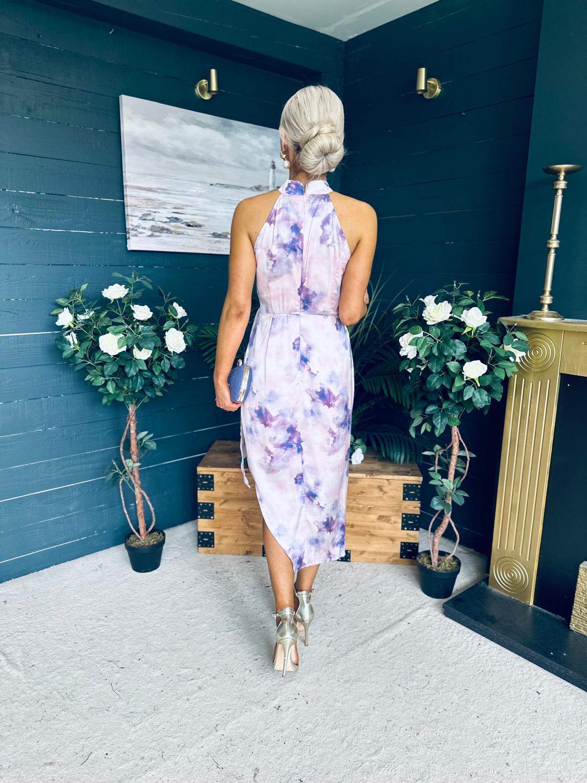 Priya Tie Waist Halter Neck Midi Dress Marble Purple