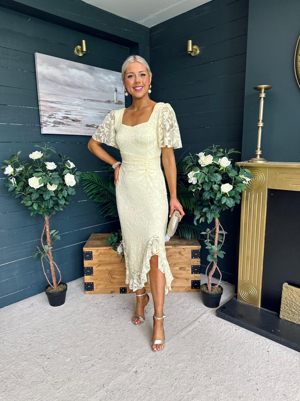 Heidi Ruched Occasion Midi Dress Yellow Lace