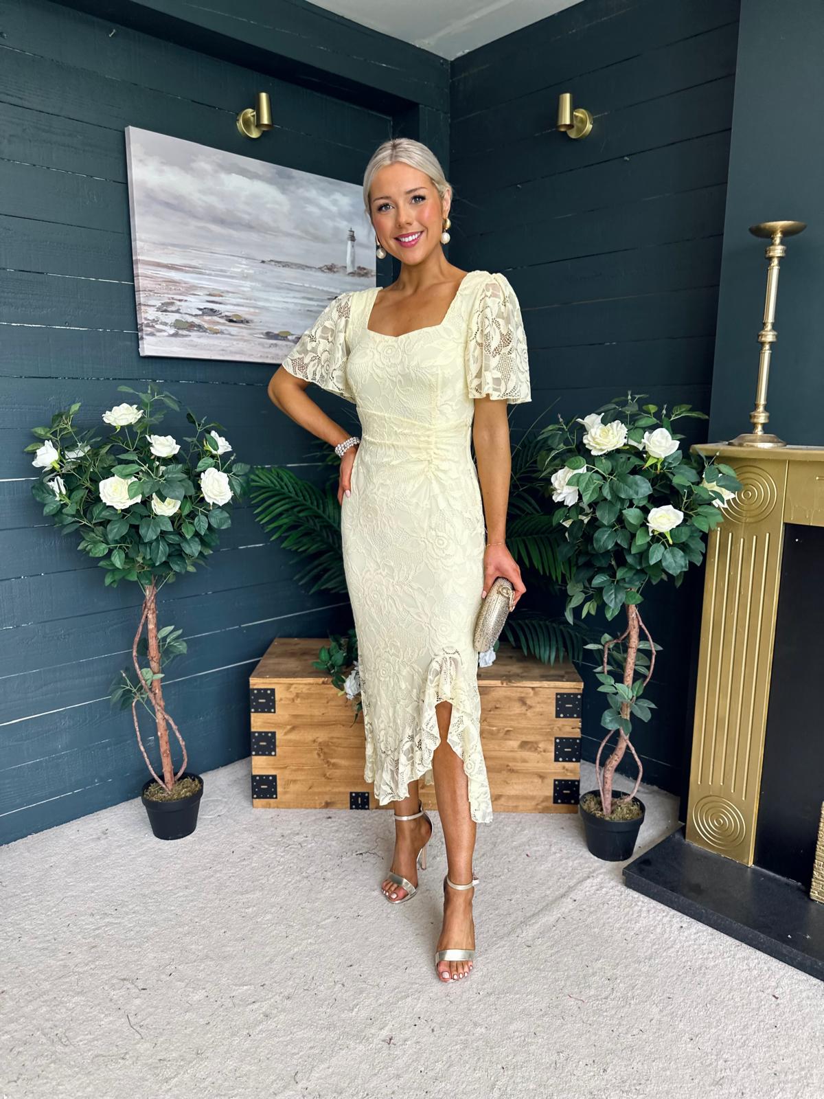 Heidi Ruched Occasion Midi Dress Yellow Lace