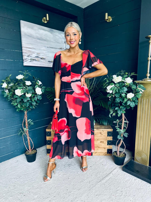 Orla Detailed Midi Dress Floral Black