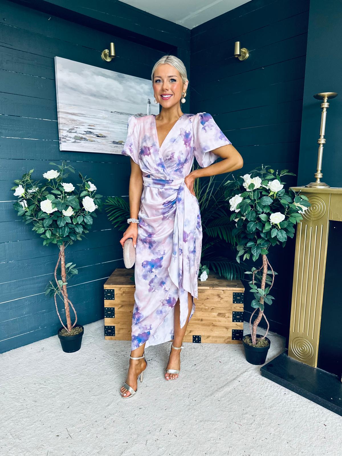 Drew Puff Sleeve Midi Dress Marble Purple