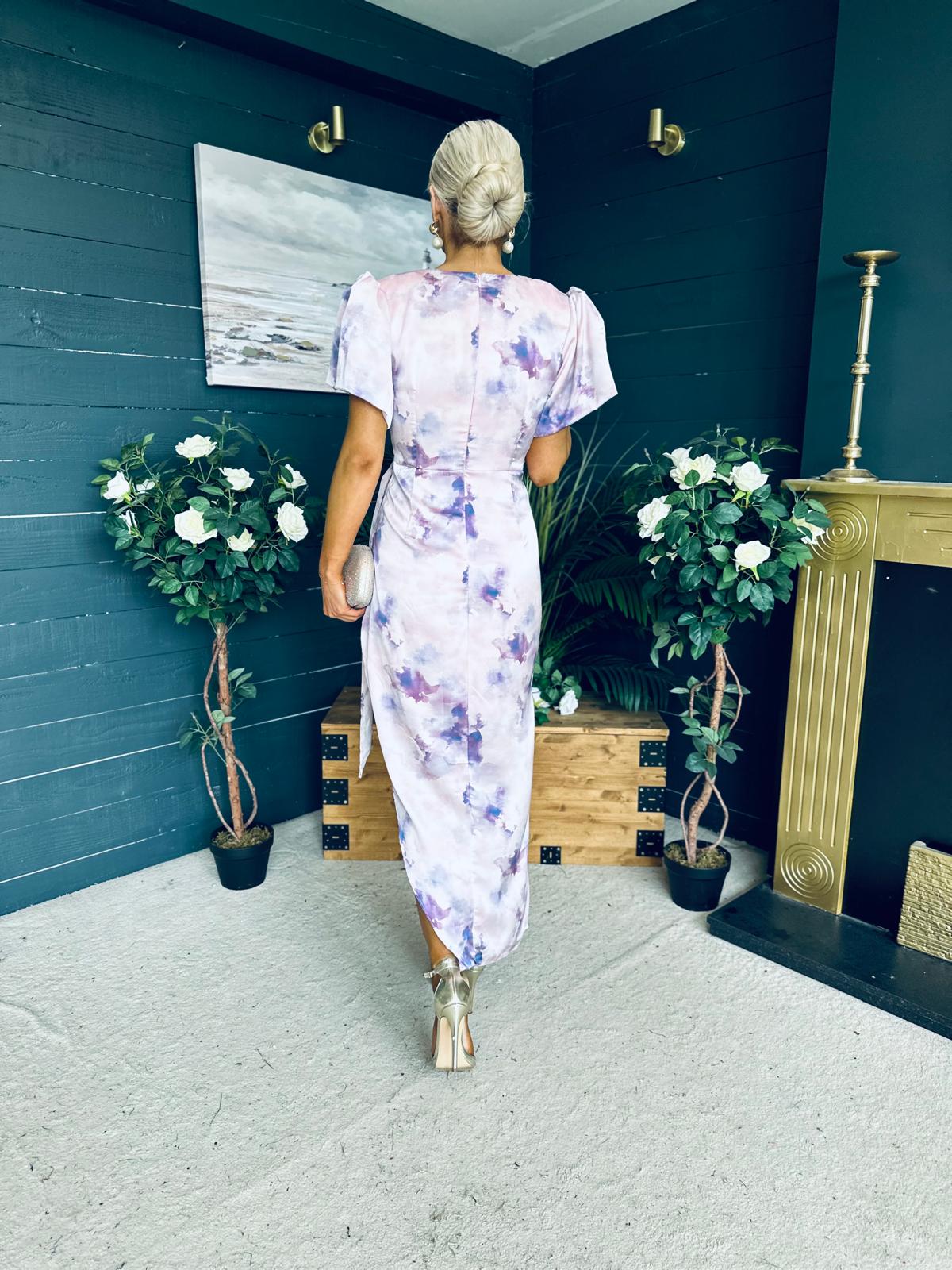 Drew Puff Sleeve Midi Dress Marble Purple