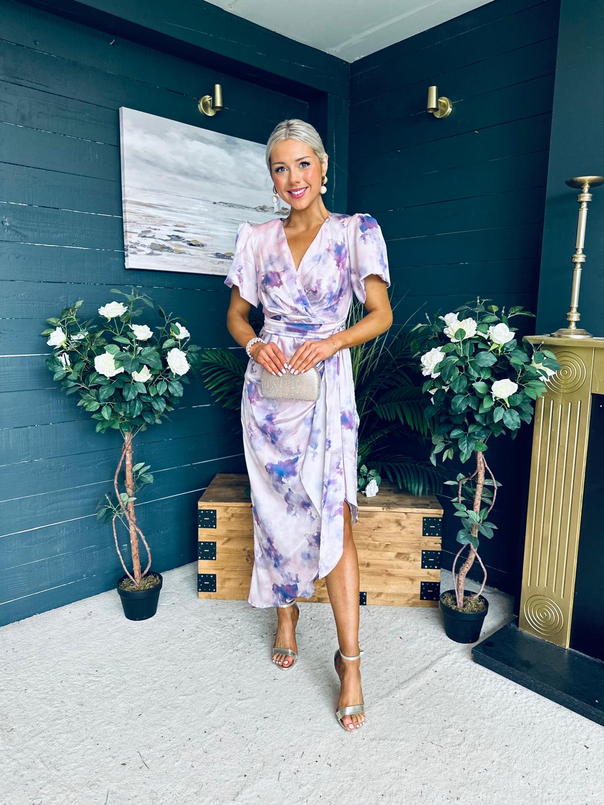 Drew Puff Sleeve Midi Dress Marble Purple