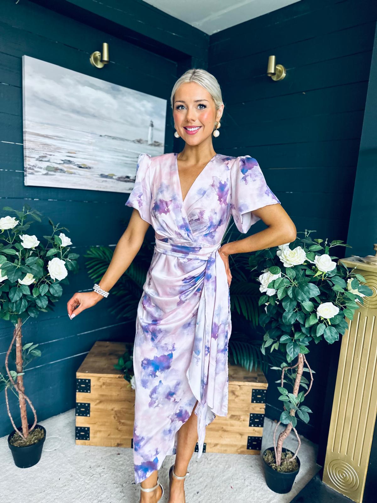 Drew Puff Sleeve Midi Dress Marble Purple