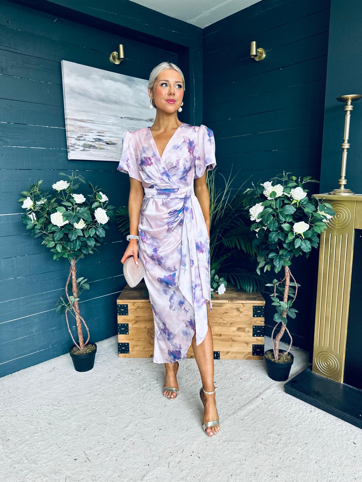 Drew Puff Sleeve Midi Dress Marble Purple