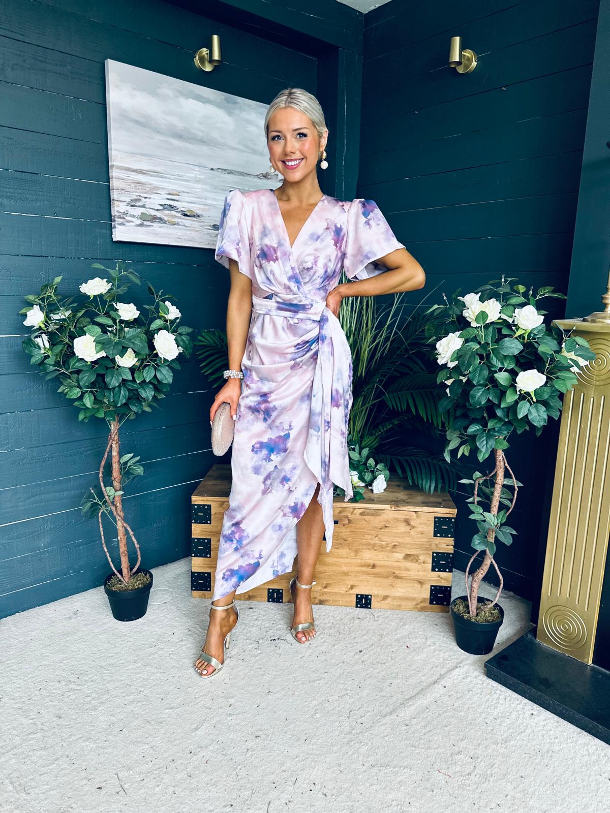 Drew Puff Sleeve Midi Dress Marble Purple