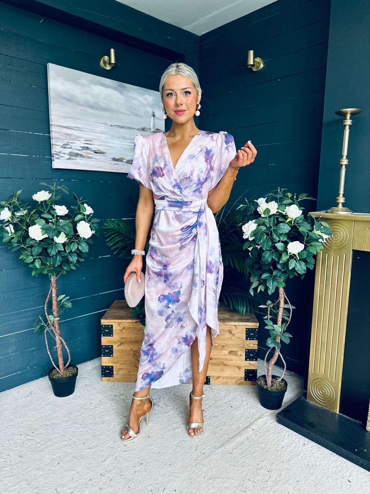 Drew Puff Sleeve Midi Dress Marble Purple