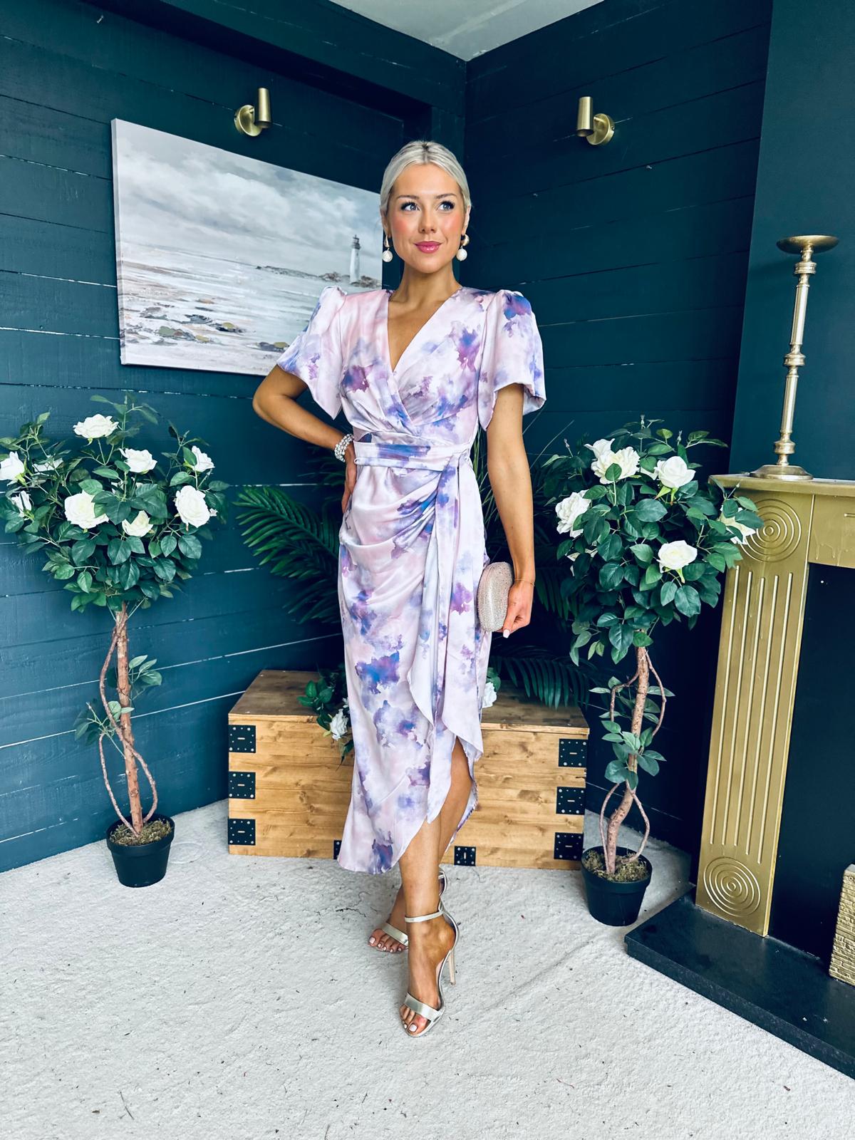 Drew Puff Sleeve Midi Dress Marble Purple