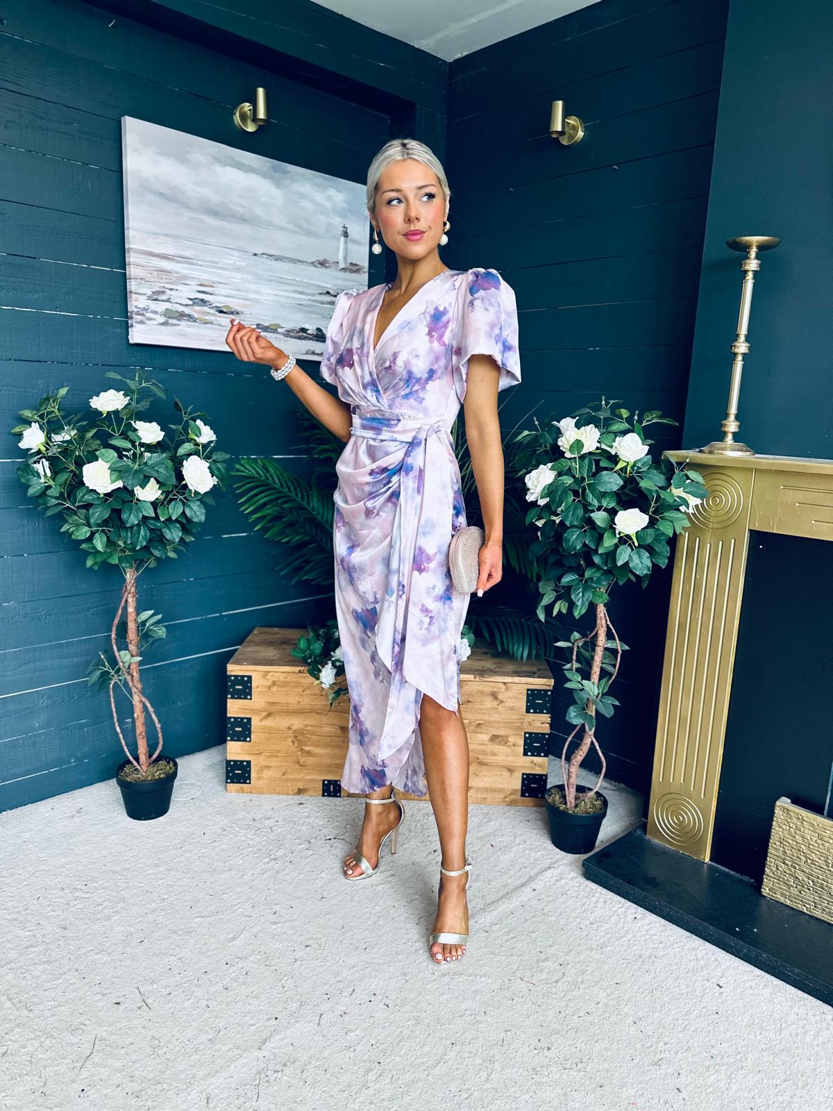 Drew Puff Sleeve Midi Dress Marble Purple