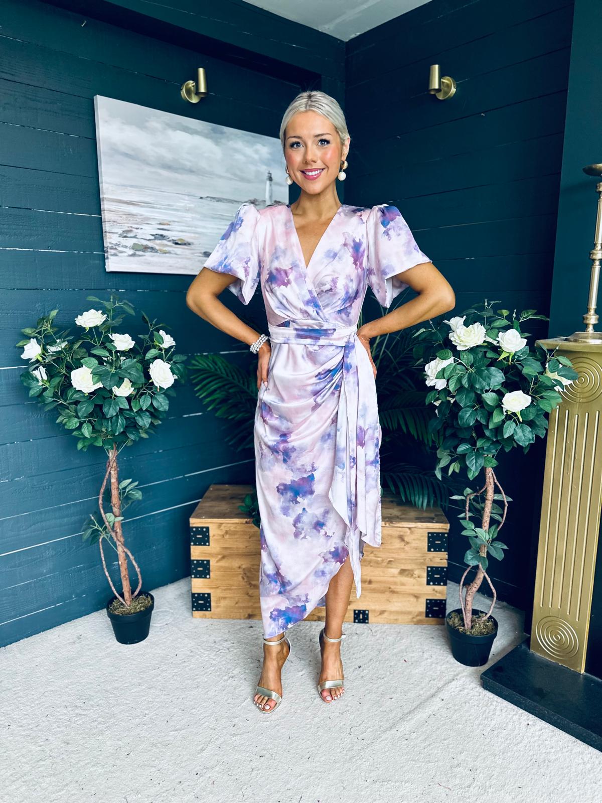 Drew Puff Sleeve Midi Dress Marble Purple