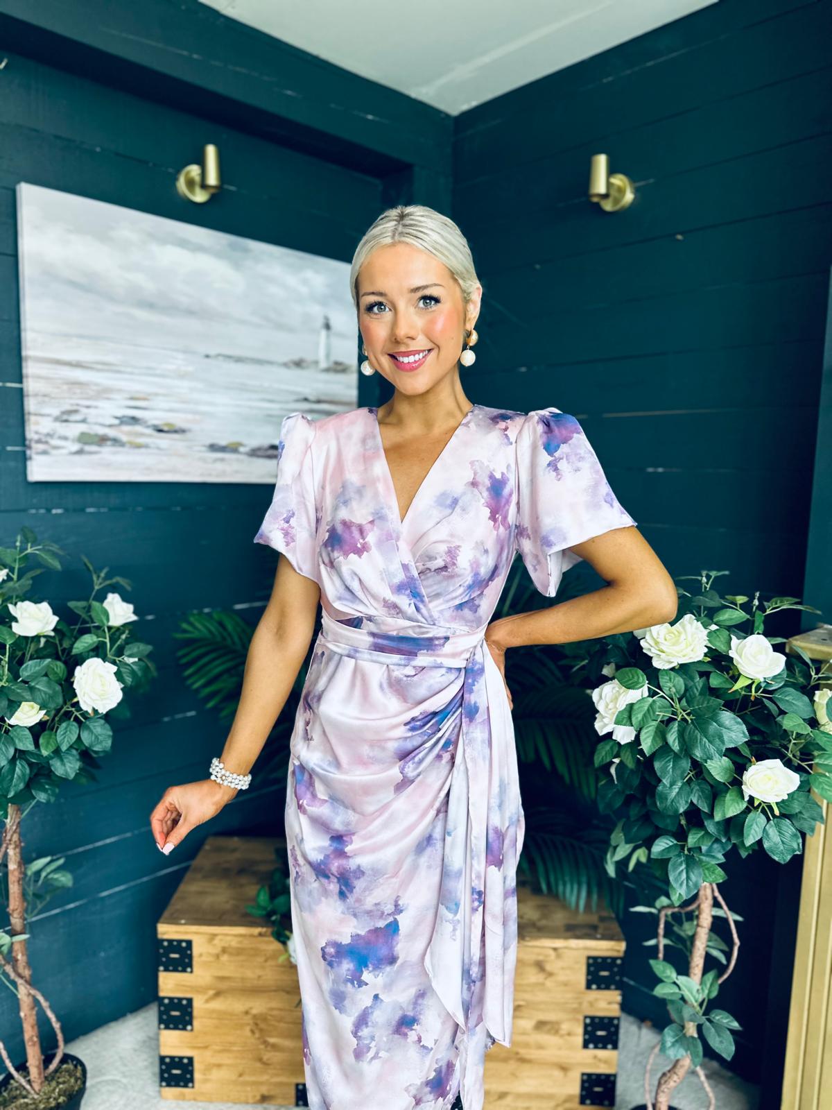 Drew Puff Sleeve Midi Dress Marble Purple