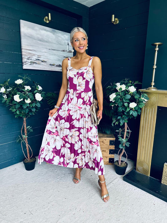 Cassidy Pleated Midi Dress Floral Berry