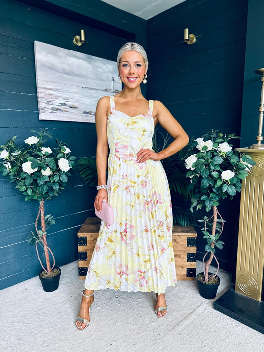 Cassidy Pleated Midi Dress Floral Yellow