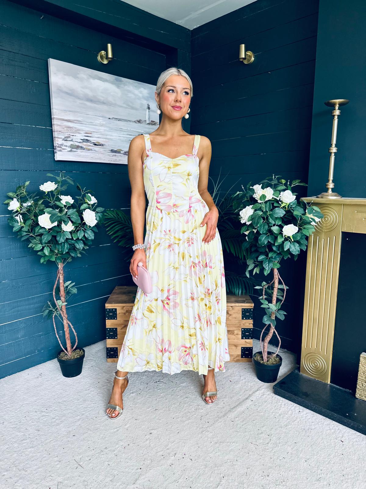 Cassidy Pleated Midi Dress Floral Yellow
