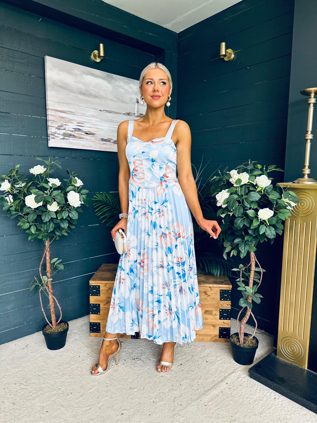 Cassidy Pleated Midi Dress Floral Blue