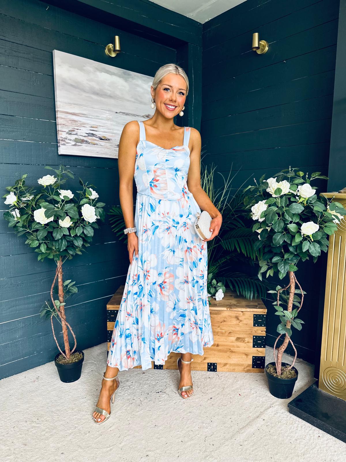 Cassidy Pleated Midi Dress Floral Blue