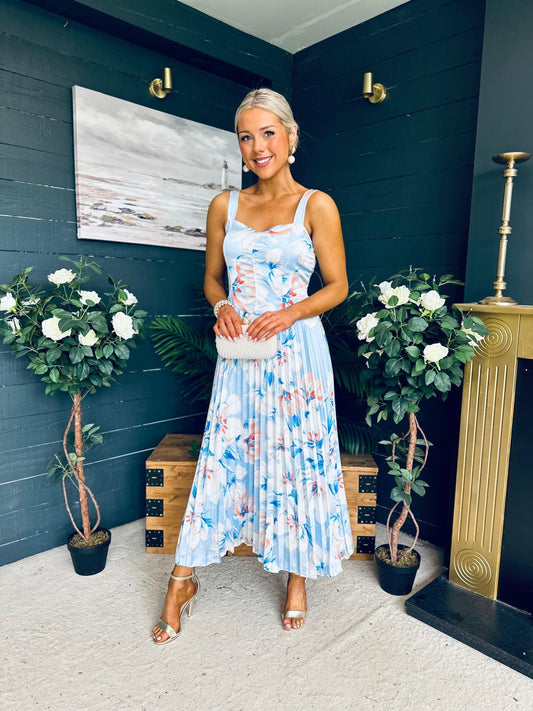 Cassidy Pleated Midi Dress Floral Blue