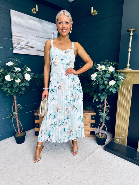 Cassidy Pleated Midi Dress Floral Mint
