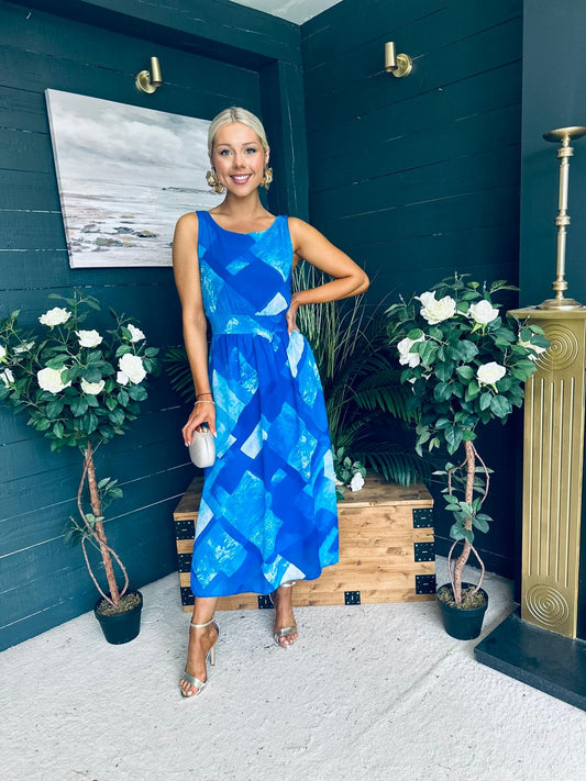 Bella Banded Midi Dress Geo Blue