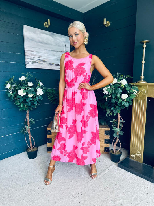 Bella Banded Midi Dress Floral Pink
