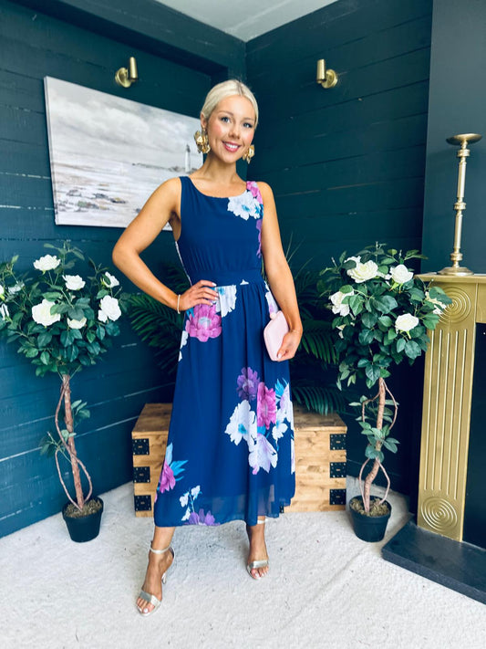 Bella Banded Midi Dress Floral Navy