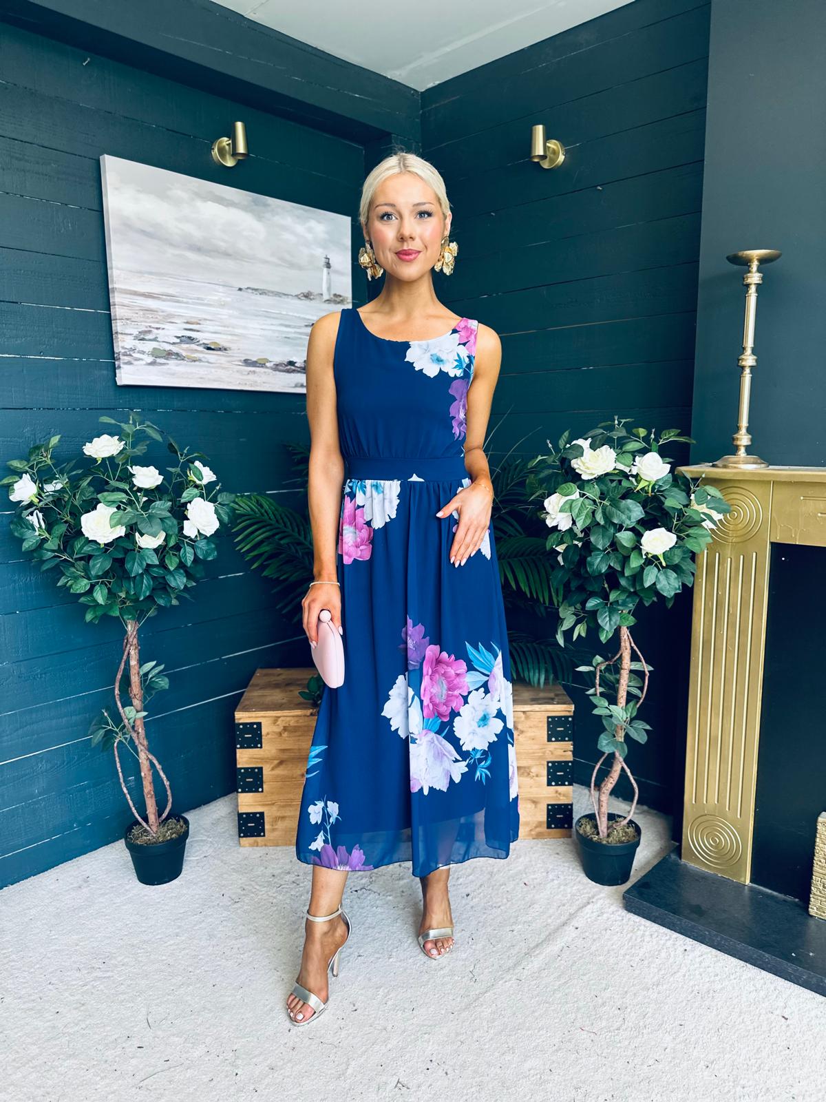 Bella Banded Midi Dress Floral Navy