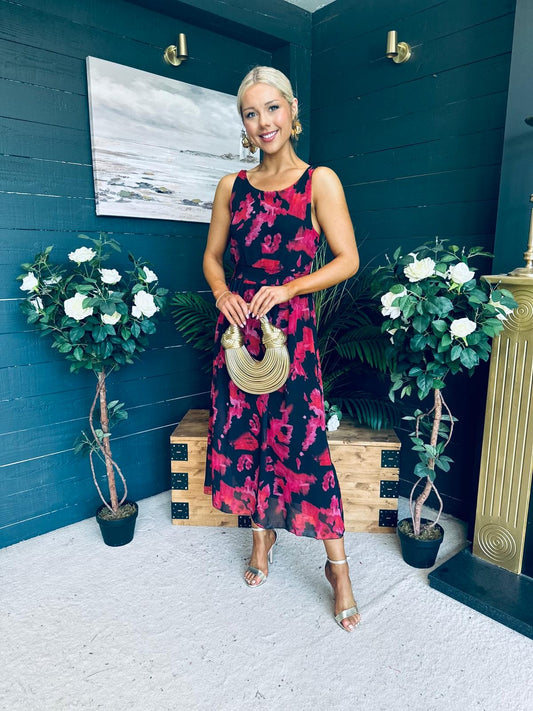 Bella Banded Midi Dress Floral Black