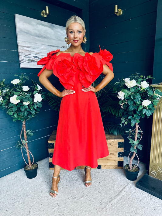 Jackie Floral Detail Occasion Midi Dress Coral