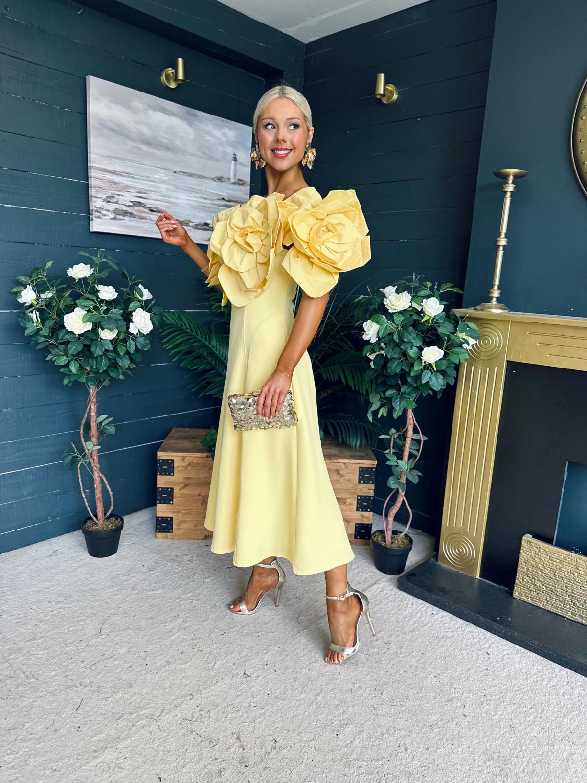 Jackie Floral Detail Occasion Midi Dress Yellow