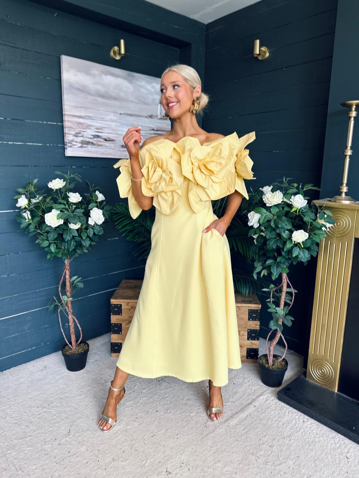 Jackie Floral Detail Occasion Midi Dress Yellow
