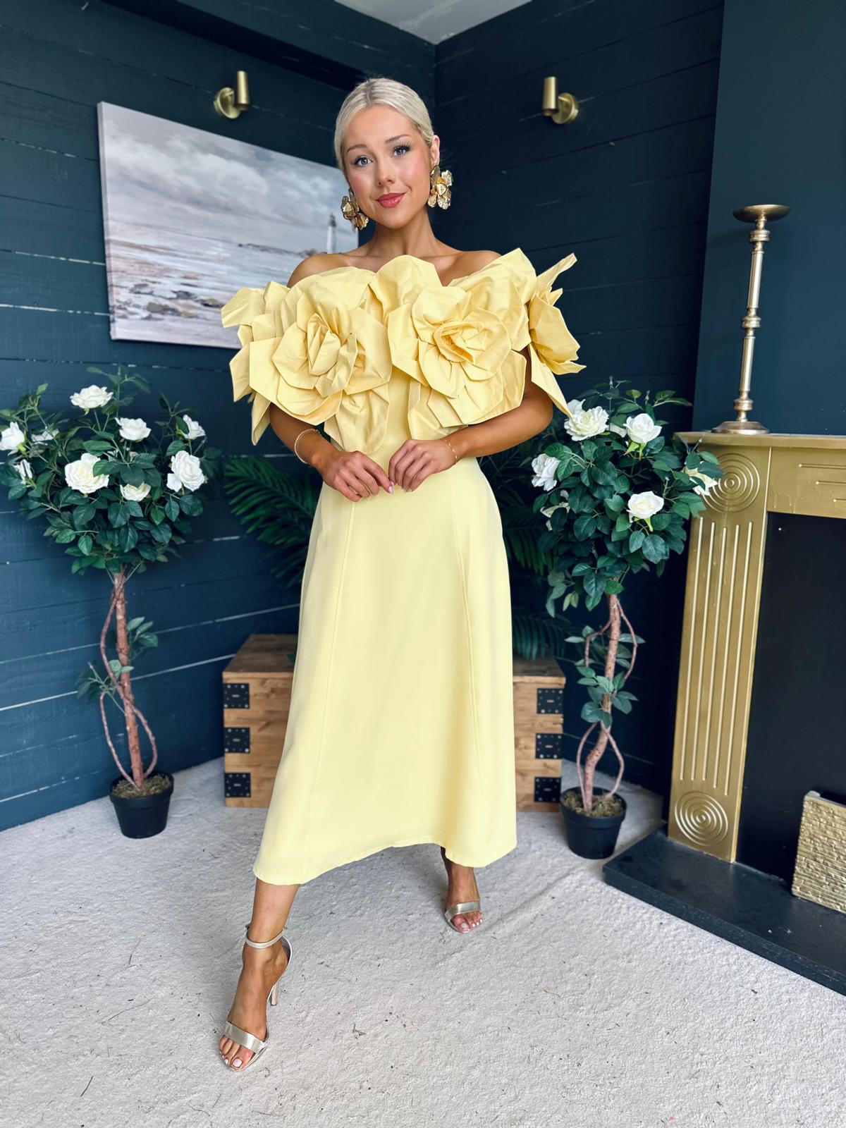 Jackie Floral Detail Occasion Midi Dress Yellow