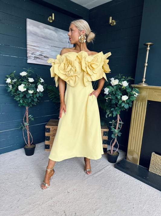 Jackie Floral Detail Occasion Midi Dress Yellow