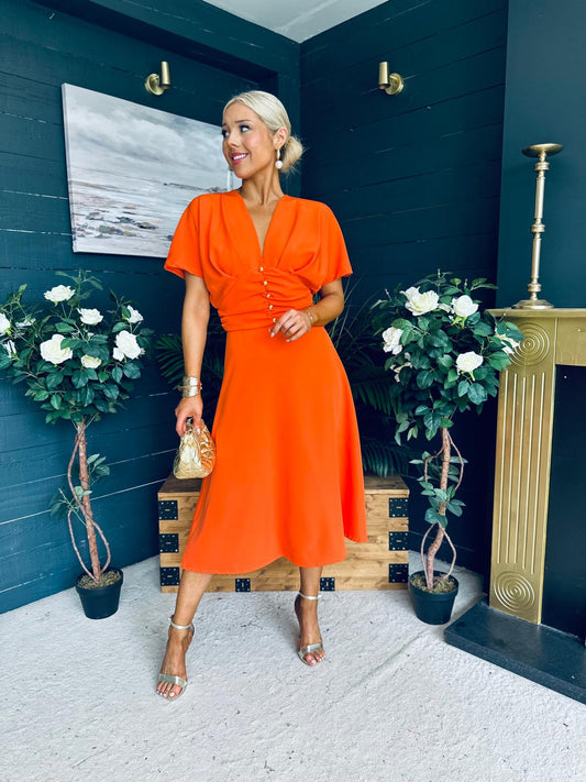 Karina Ruched Detail Midi Dress Orange