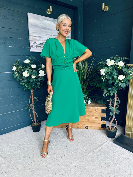 Karina Ruched Detail Midi Dress Emerald
