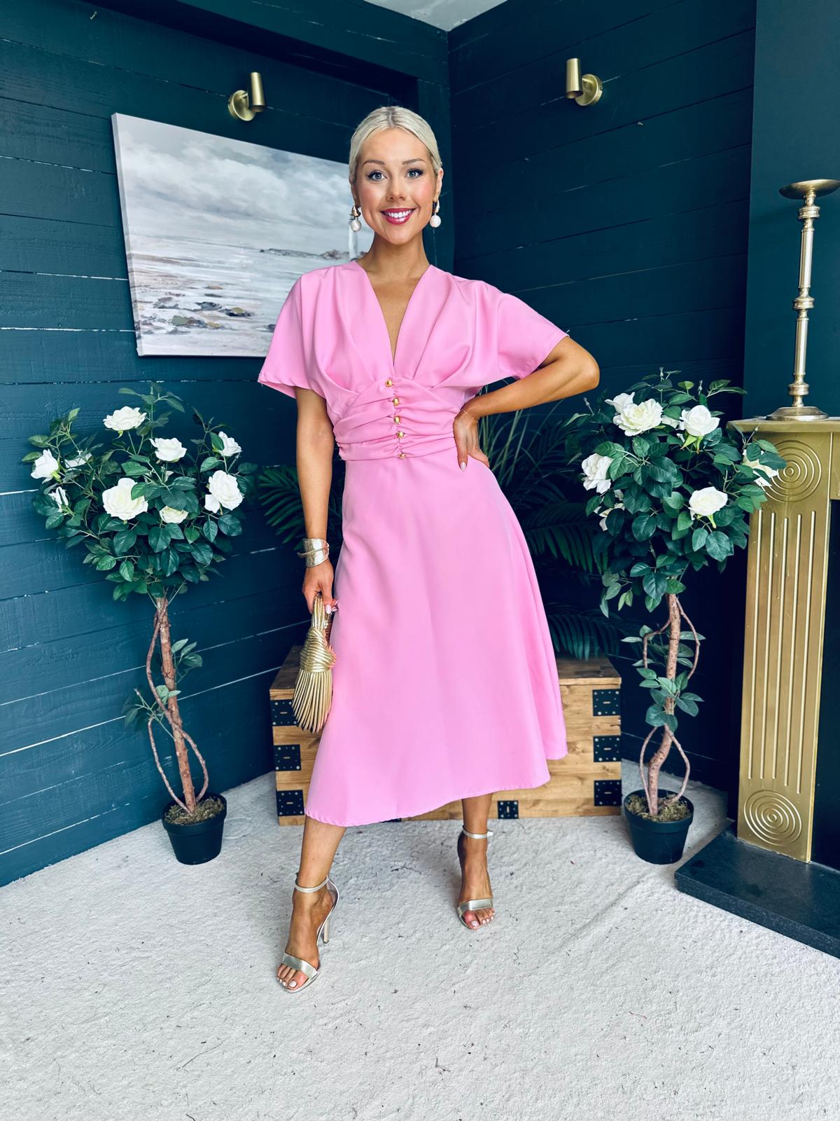 Karina Ruched Detail Midi Dress Pwr Pink