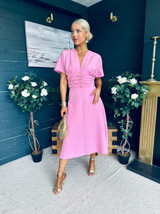 Karina Ruched Detail Midi Dress Pwr Pink