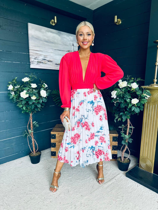 Terrie Plunge Neck Midi Dress Coral