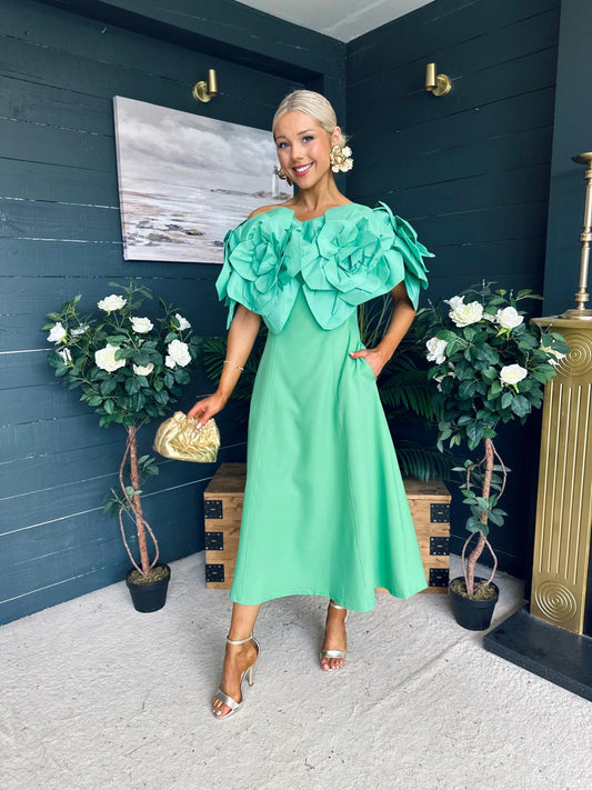 Jackie Floral Detail Occasion Midi Dress Emerald