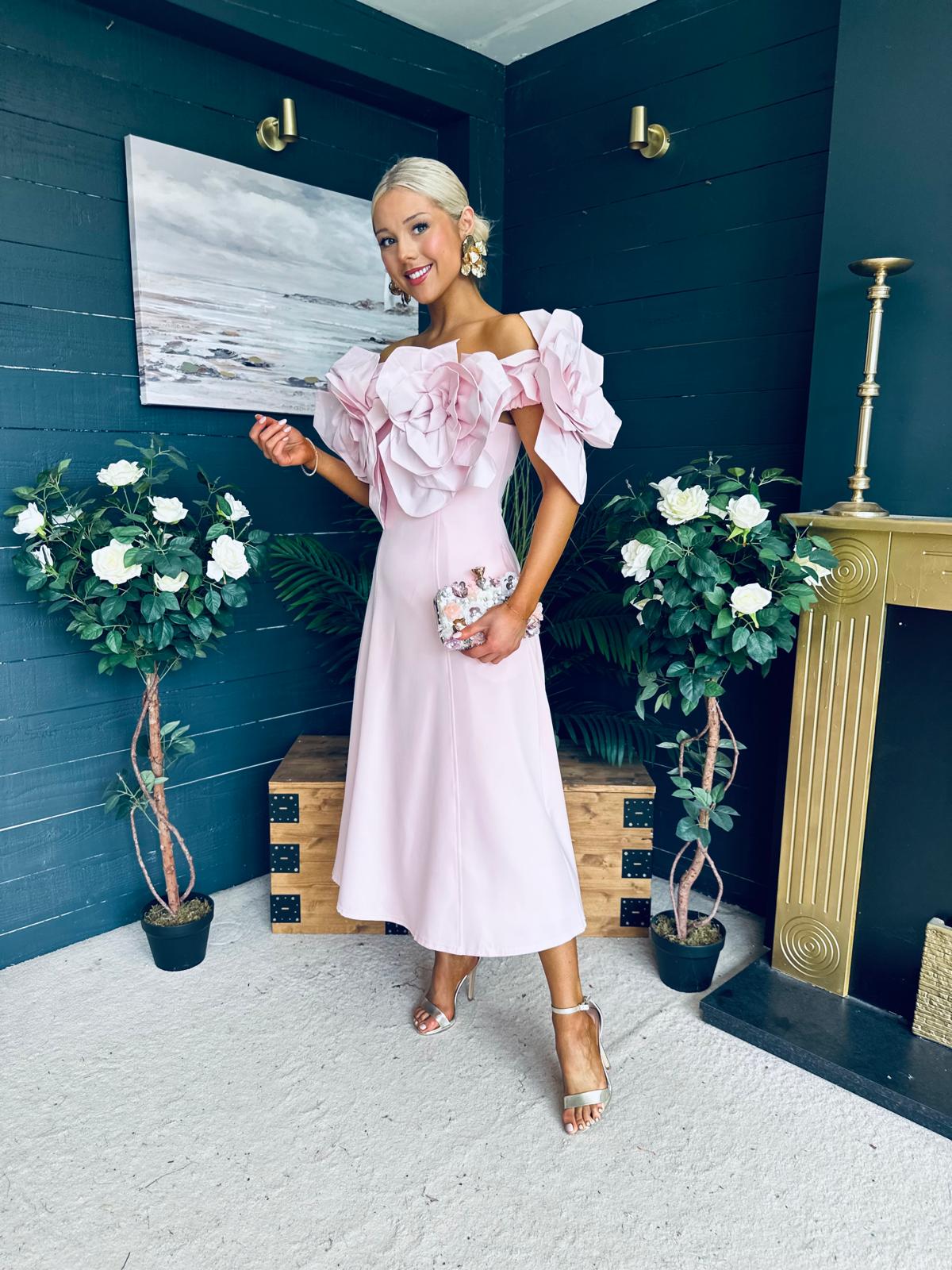 Jackie Floral Detail Occasion Midi Dress Pwr Pink