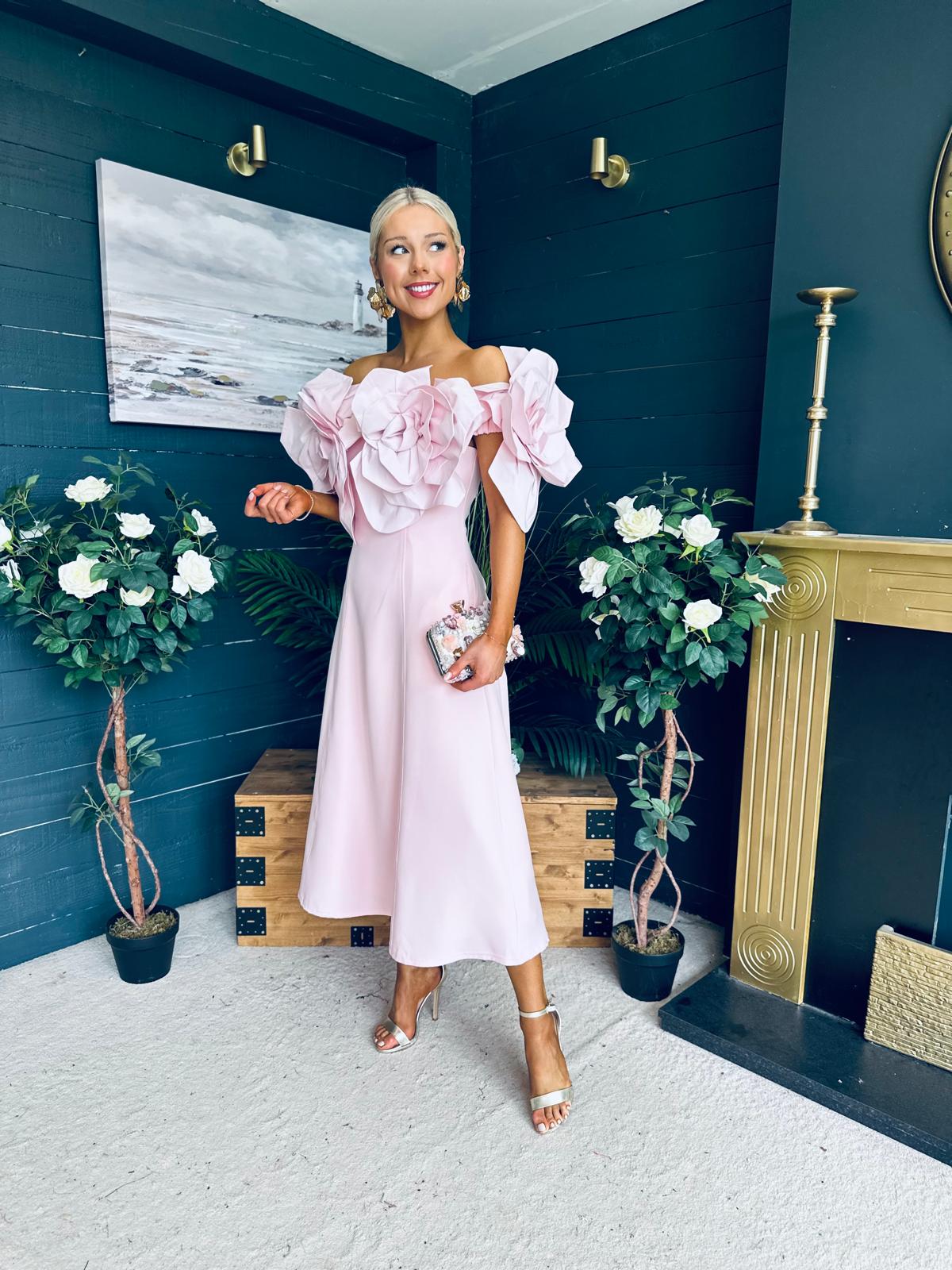 Jackie Floral Detail Occasion Midi Dress Pwr Pink