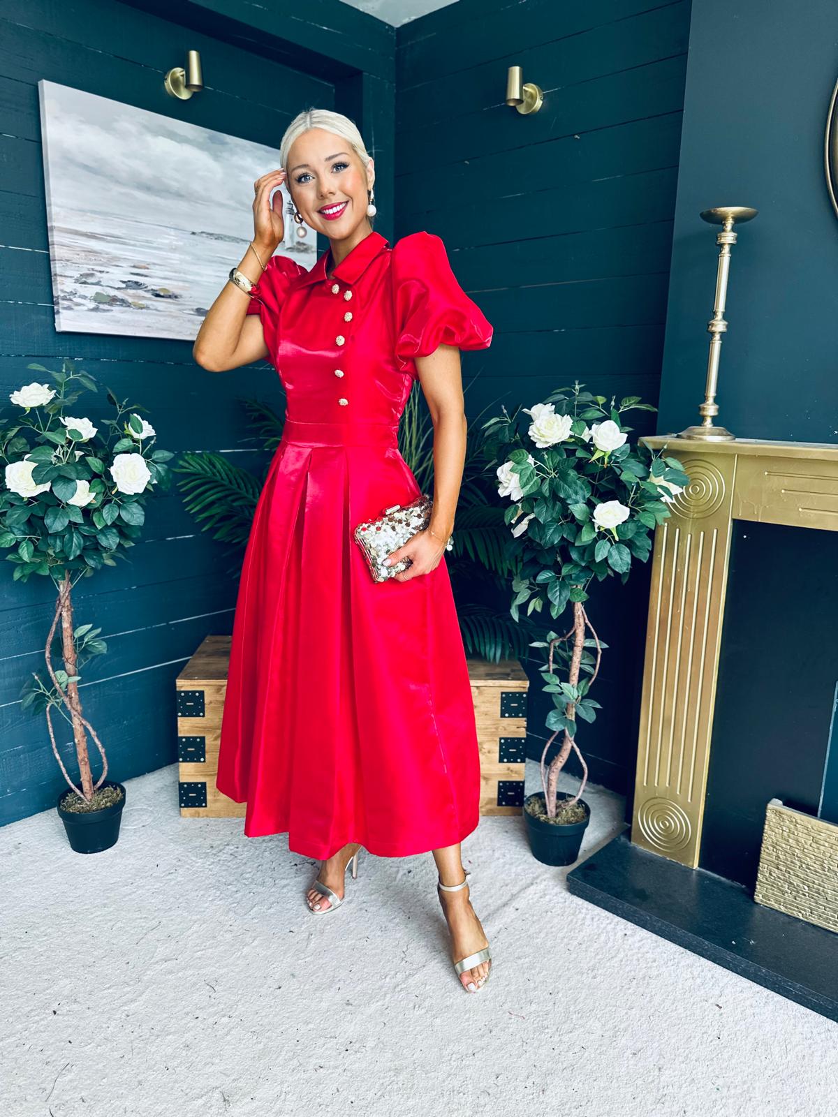 Felicity Detailed Occasion Midi Dress Red