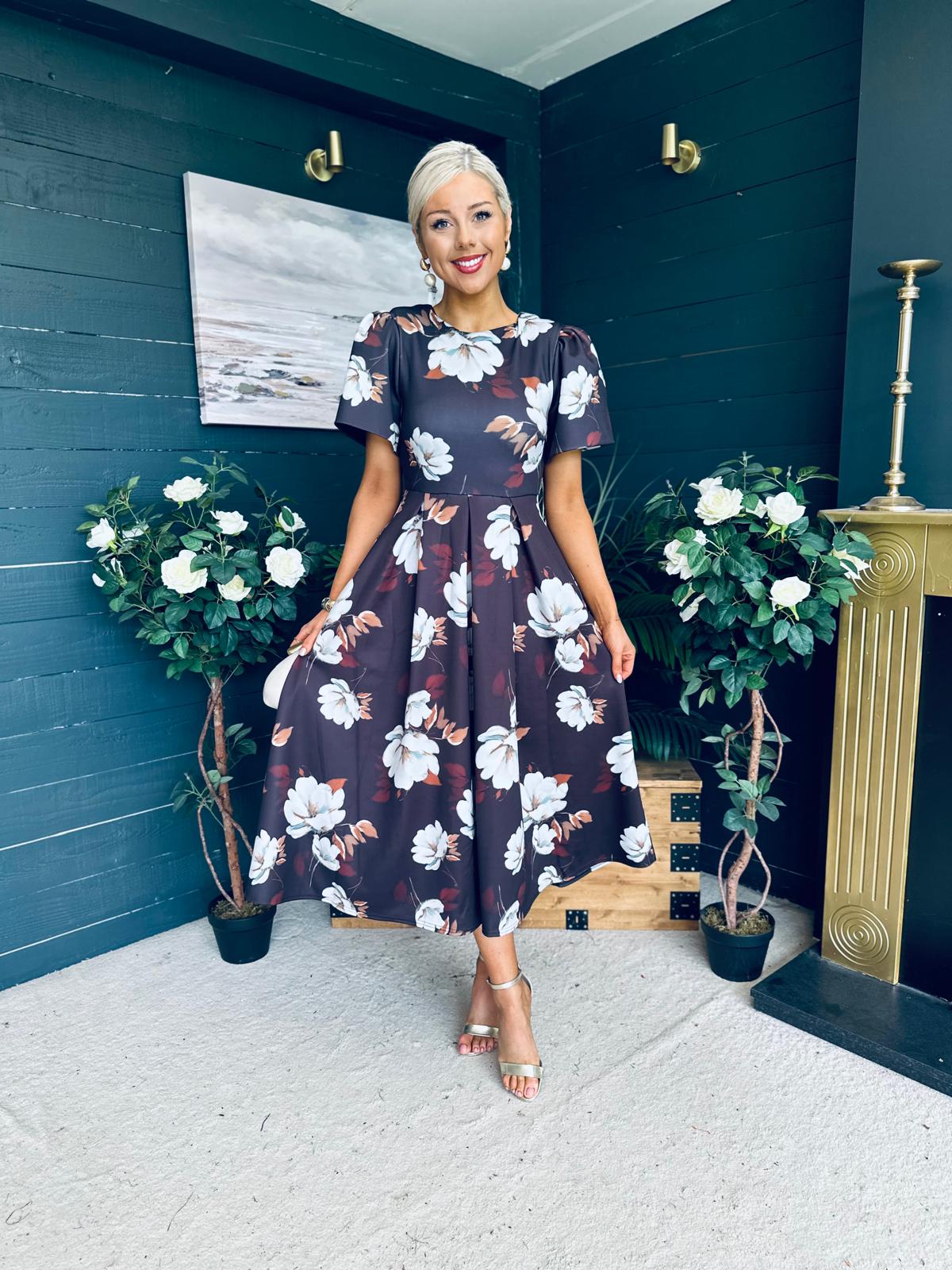 Elowin Statement Sleeve Skater Midi Dress Floral Coco