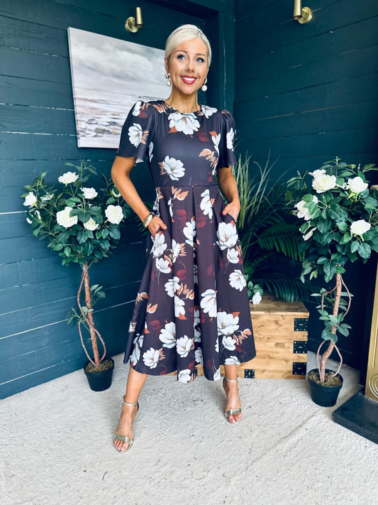 Elowin Statement Sleeve Skater Midi Dress Floral Coco