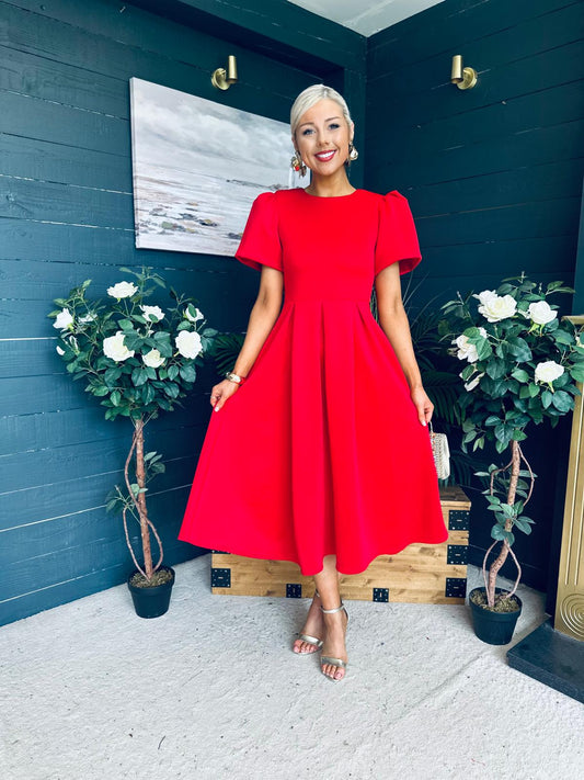 Elowin Statement Sleeve Skater Midi Dress Red