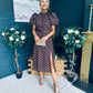 Lilith Puff Sleeve High Neck Midi Dress Brown & Gold