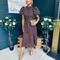 Lilith Puff Sleeve High Neck Midi Dress Brown & Gold