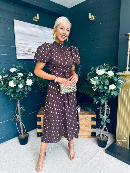 Lilith Puff Sleeve High Neck Midi Dress Brown & Gold