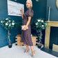 Lilith Puff Sleeve High Neck Midi Dress Brown & Gold