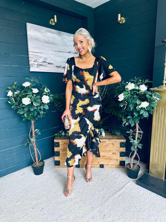 Heidi Print Ruched Midi Dress Abstract Black
